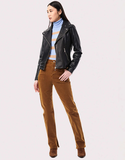 black genuine leather jacket for women with edgy designs and angles details fall collection 2023