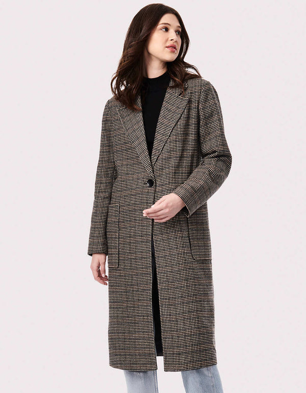 brown elegant tweed outerwear with two spacious pockets for cell phone wallet keys and cards
