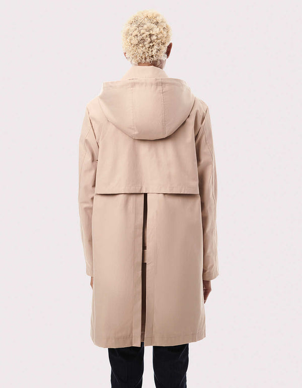 lightweight rain jackets for women this winter 2023 in light brown color with coat tails and drawstring hoodie