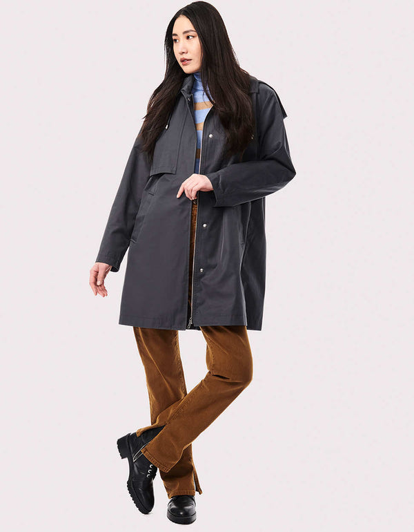 trendy rain coat in gray color for women made by a eco green sustainable online outerwear store