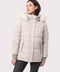 warm winter jacket for women in color pearl grey with faux fur collar and two ample hand pockets