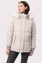 warm winter jacket for women in color pearl grey with faux fur collar and two ample hand pockets