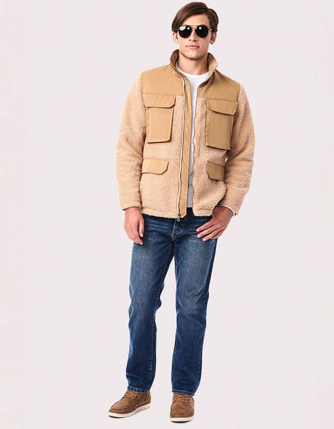 faux fur jacket for men in a classic hip length fit with sustainable ecoplume insulation 