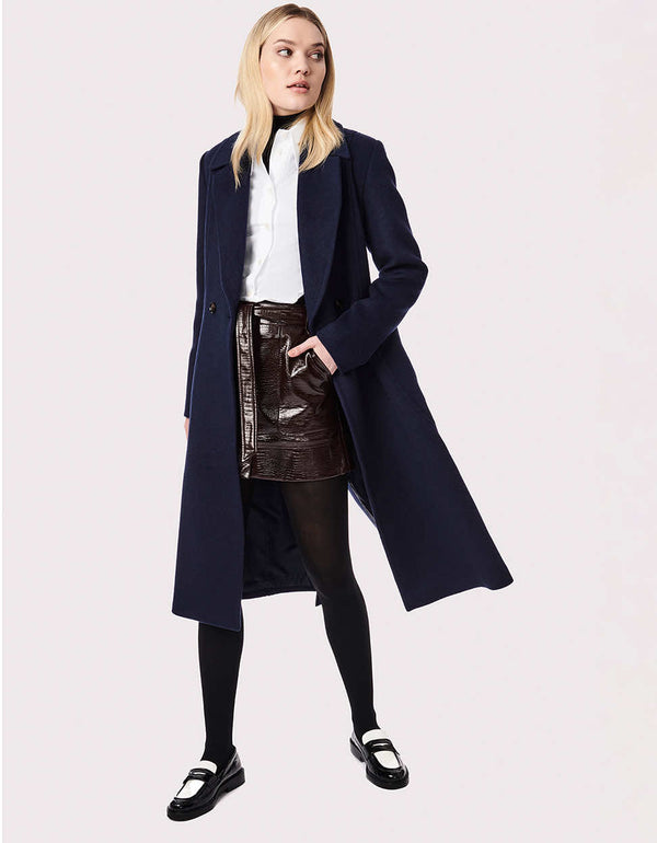 womens elegant deep navy wool blend long coat with ample patch pockets for cell phones and wallets