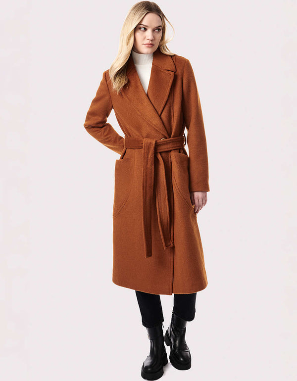 womens classic pumpkin spice colored soho wool coat with streamlining belt perfect for fall outfits