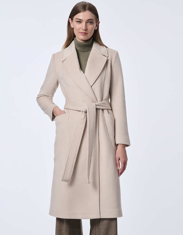 womens oat milk belted wool coat that will cover you from cold and windfall