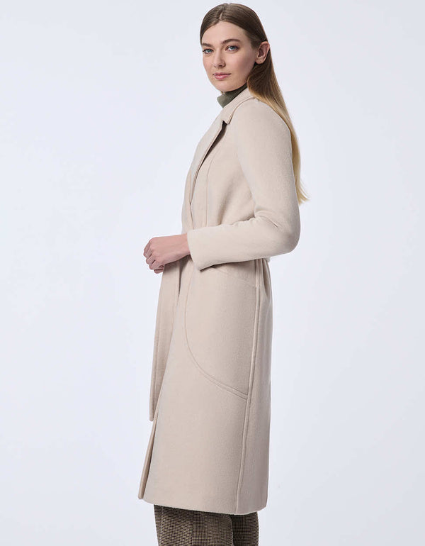 womens oat milk belted wool coat that will cover you from cold and windfall