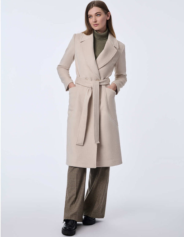 womens oat milk belted wool coat that will cover you from cold and windfall