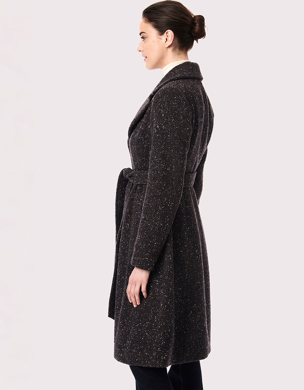 women shopping for outerwear this season should consider this knee length belted coat made in a soft wool blend
