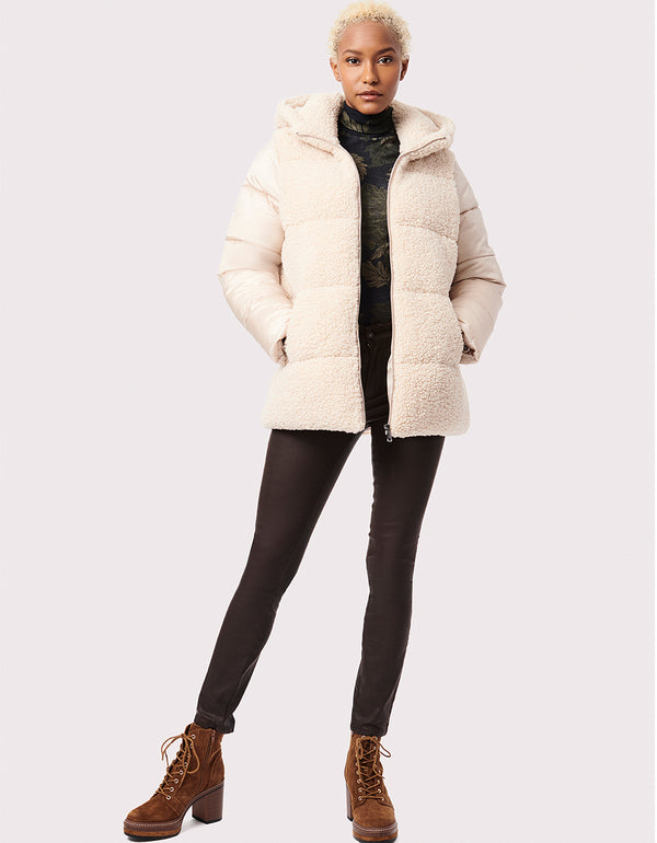 cream puffer jacket with ultra cozy comfort made from cruelty free and exclusive of trim materials