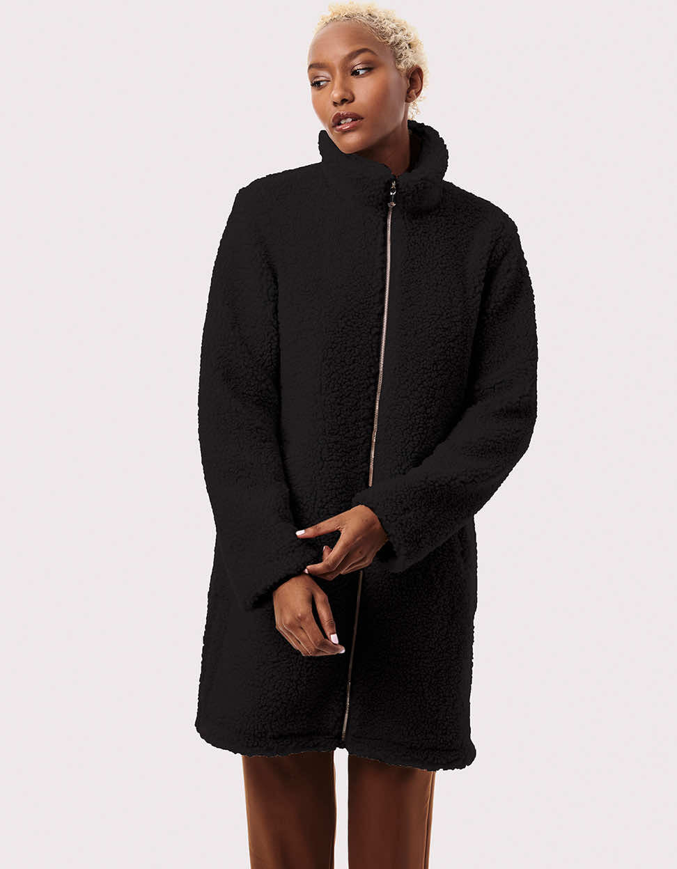 Bernardo Faux Sherpa Stand Collar Topper Coat, Womens, M, Black Bernardo Faux Sherpa Stand Collar Topper Coat, Womens, M, Black