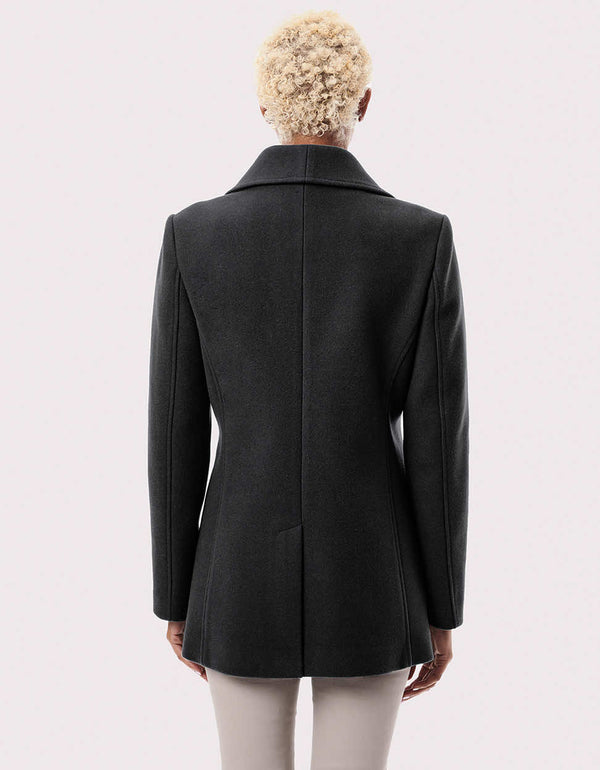 back view of double breasted wool blazer that can be worn casual or formal spring or fall events