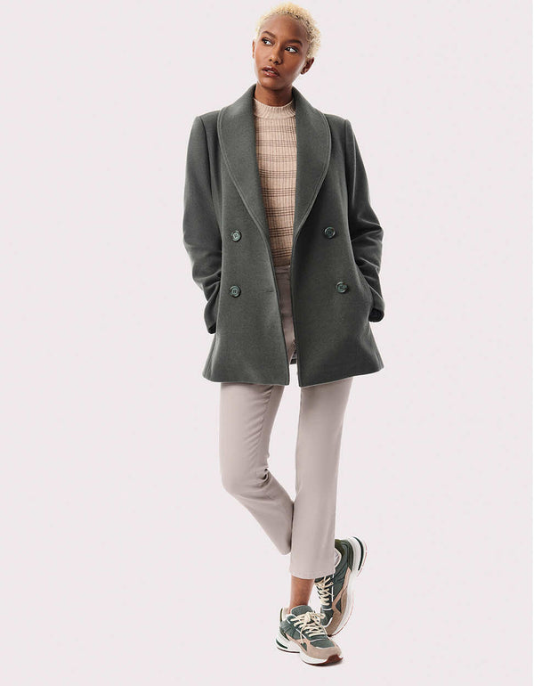 womens classic fit green wool blend blazer with double breasted design and on seam pockets