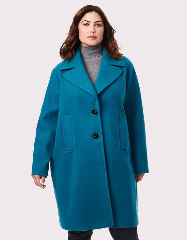 plus size wool coat for winter wear with traditional lapel and blue color made by Bernardo Fashions