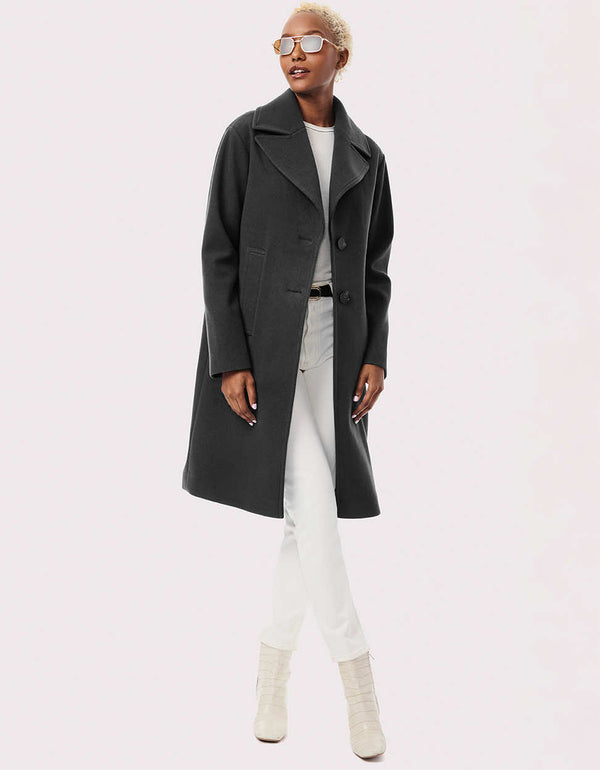 casual to professional wool coat for women for fall to spring seasons with a traditional lapel button closure and hand pockets