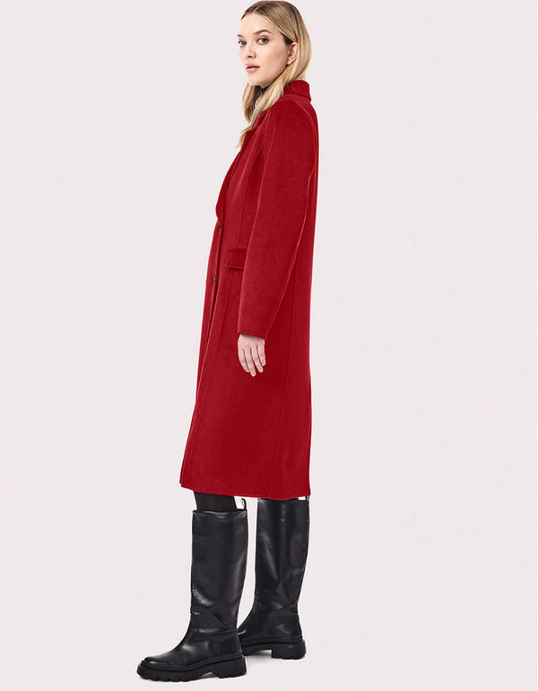 side view of the red currant fall and winter workwear long overcoat made from warm wool and polyester blend