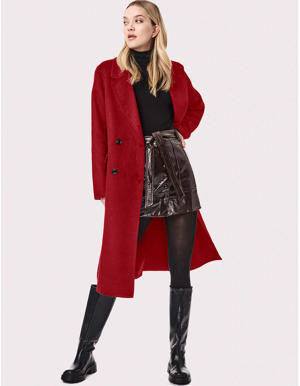 womens deep red chic and sophisticated double breasted impressionable long coat with a below the knee length