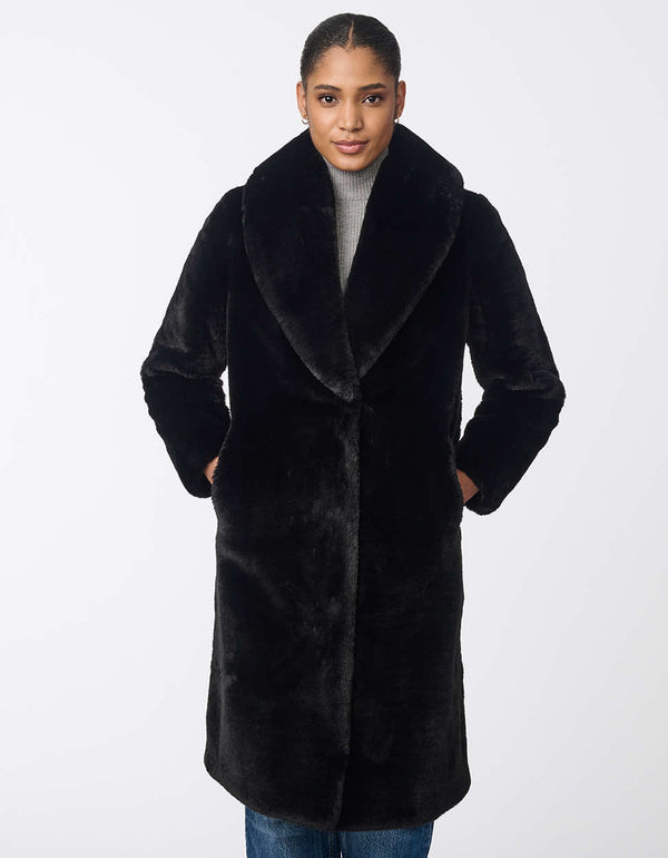 black faux fur coat offering ultra soft fabric elegant design and practical pockets for a stylish and cozy outfit