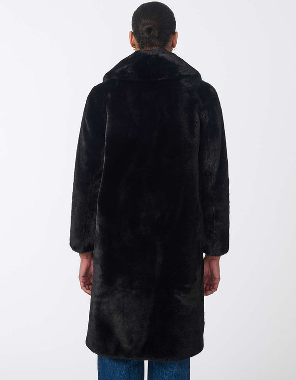 black faux fur coat with a classic silhouette soft fabric and versatile style ideal for layering casual or formal outfits