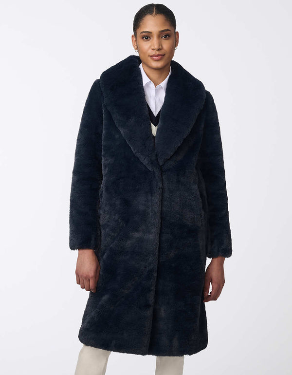 womens navy faux fur coat with plush texture deep side pockets and a rich hue perfect for polished winter looks