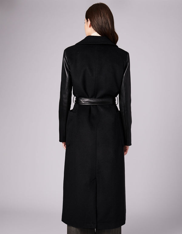 below the knee length outerwear with a long black belt for adjustable waist sizing for women