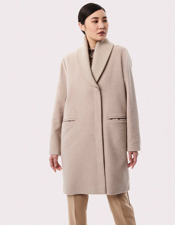 womens melange beige wool coat with a knit shawl collar that can work from weekdays to weekends