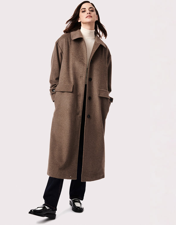 womens english style wolf blend long roomier wool coat with black buttons and two pocket flaps