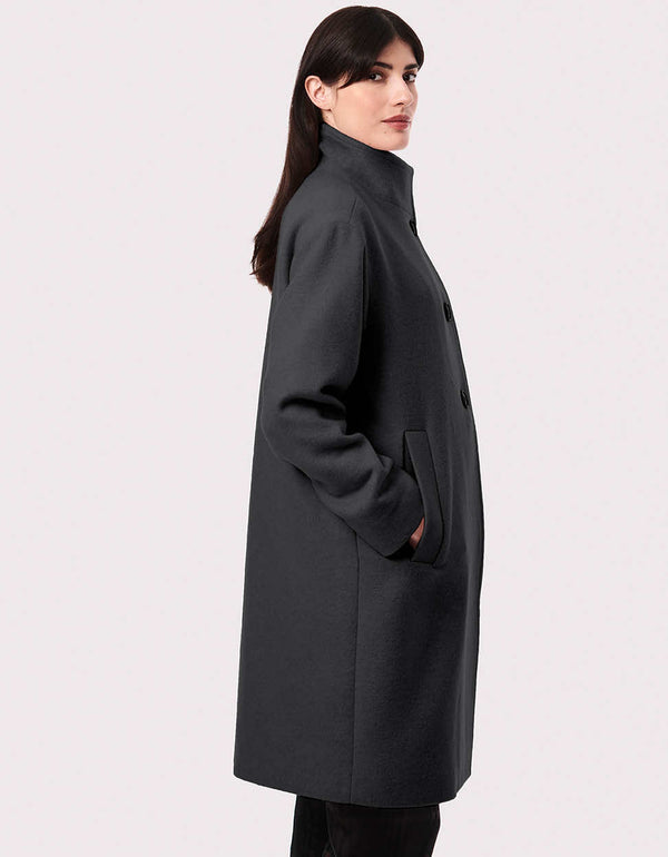 This women's warm wool coat in a walker mid-length features a stand collar, 3-button closure and side hand pockets.