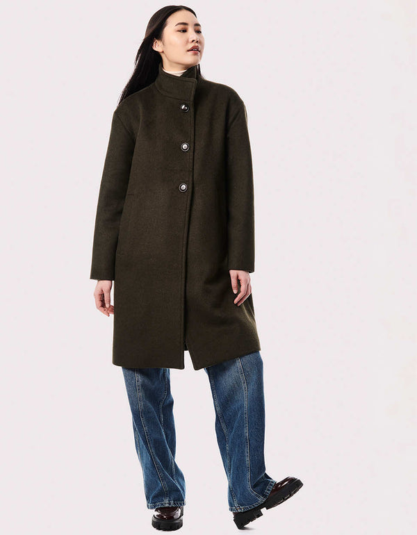 This women's warm wool coat in a walker mid-length features a stand collar, 3-button closure and side hand pockets.