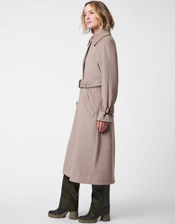 large tailor cut collared wool coat for women in taupe with an adjustable belt and structured sleeves