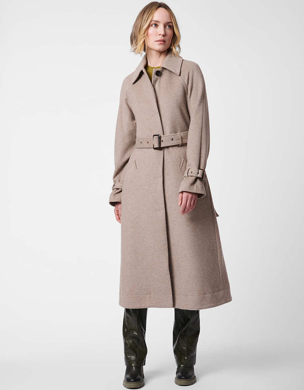 tailored below the knee length wool coat with a belt and adjustable cuffs in taupe for women