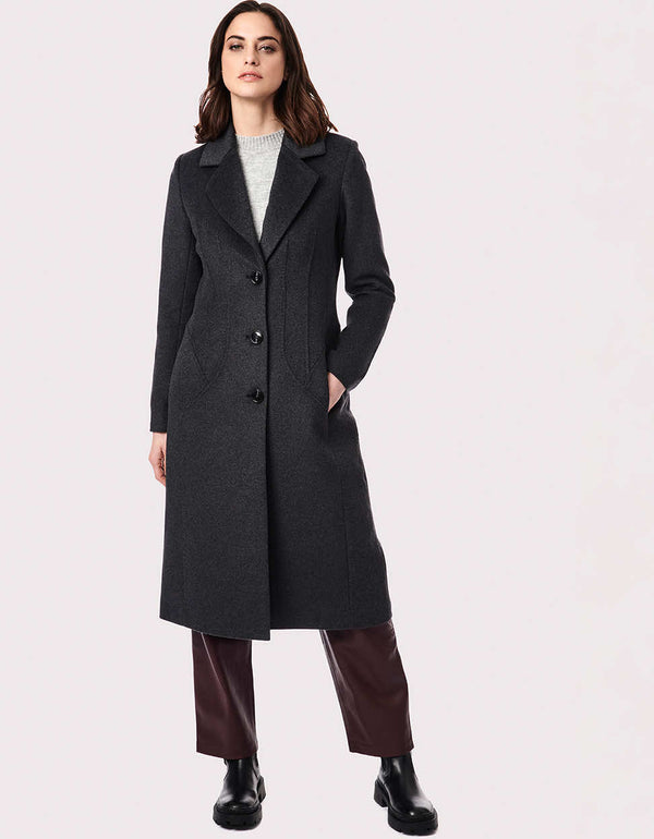 womens below knee length long wool coat with side waist seams for cold temperatures or during winter