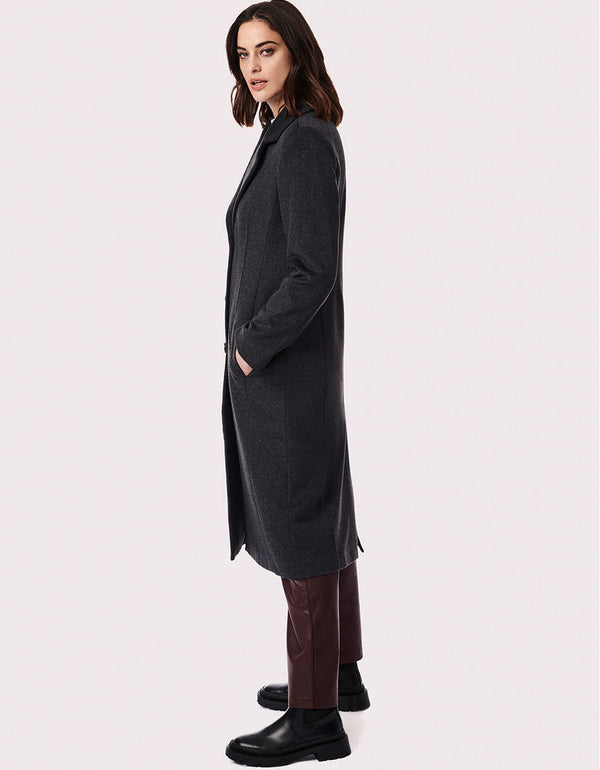 easy to style charcoal colored trending overcoat with welted warm hand pockets and back vent