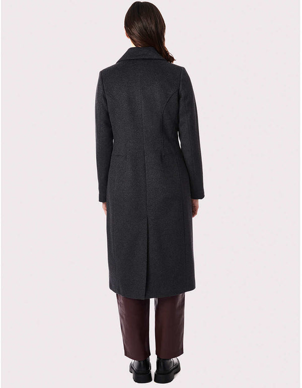 back picture of a long wool blend coat that highlights the womans curves with streams and comfortable movement