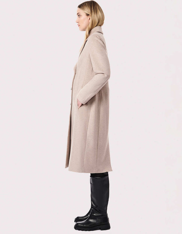 Melange Beige long outerwear layer with three black buttons with side streamline design for a fitter look