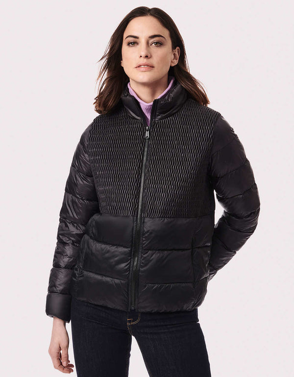 womens zip off polyester puffer jacket with water resistant texture and ecoplume insulation
