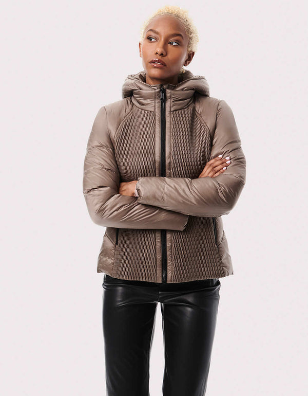 multiple styling options brown puffy outerwear with slim fitting style and eco friendly insulation