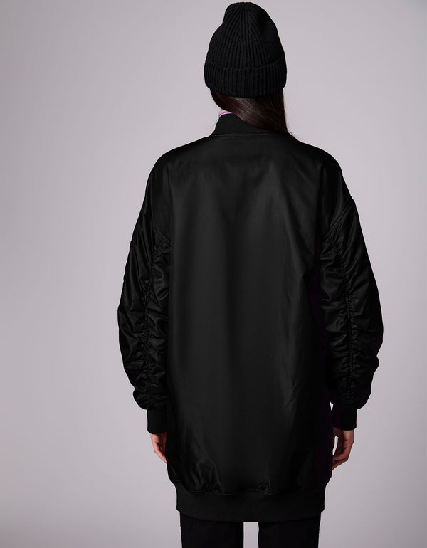 textured mid length hip bomber black outerwear with a dropped shoulder design perfect for any weather