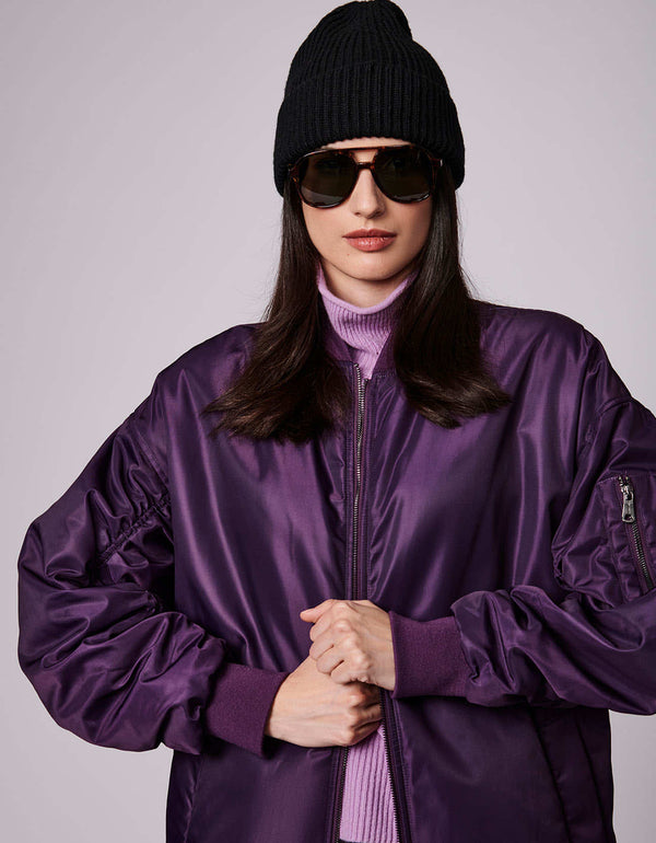 violet bomber jacket that comes with eco bragging rights for modern confident outdoorsy fashionistas
