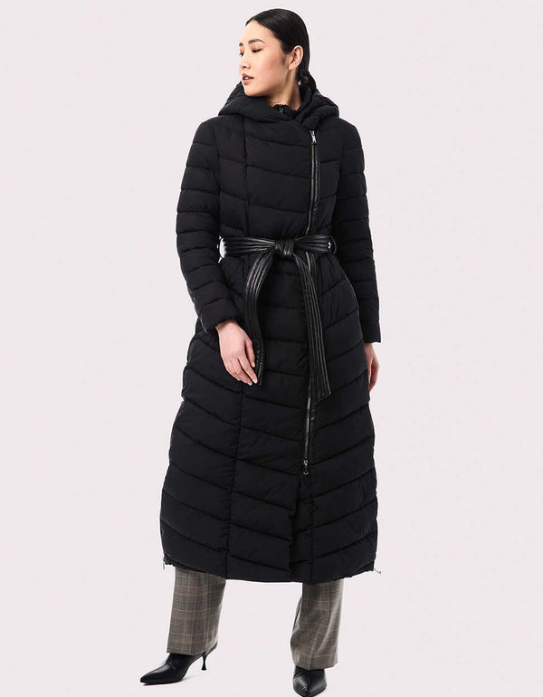 long winter clothing jacket for sale with belt in black color made from Bernardo Fashions