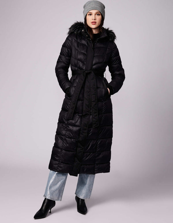 black long puffer coat with removable hood and recycled outer shell for women in the United States and Canada