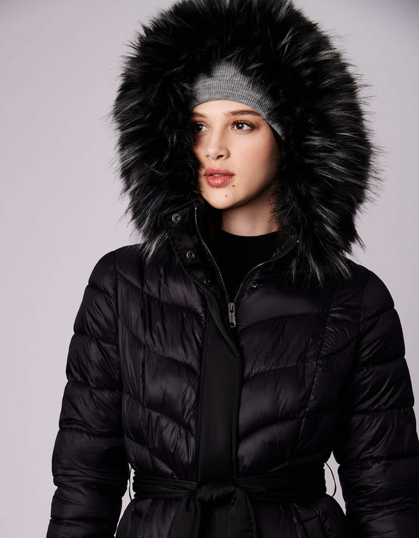 buy online long puffer coat for sale with semi fitted belt and below the knee length from sustainable eco-friendly shop