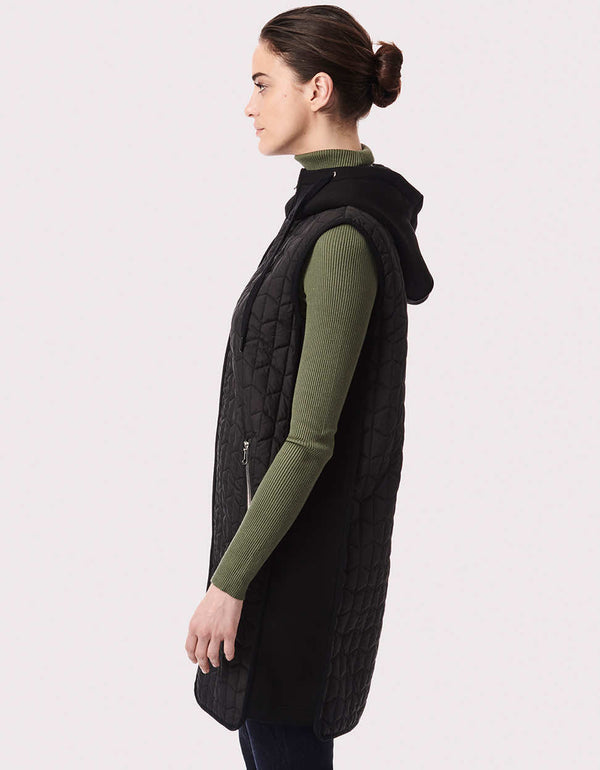 eco friendly black puffer for women with two way zip off closure that keeps the heat inside