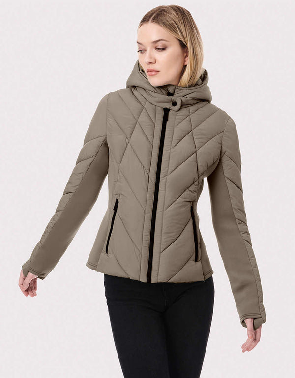 womens slimming metallic puffer outerwear with a double cover that adds eco friendly insulation
