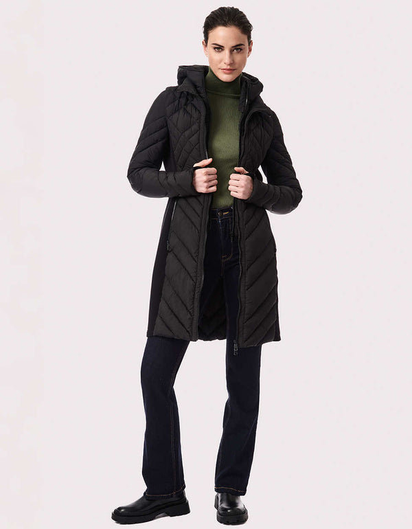 knee length puffer with line stitches that accentuate figure height and coolness like an actress for woman