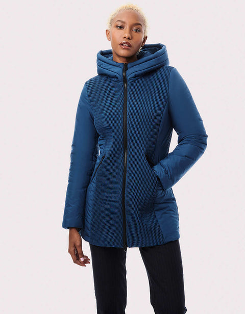 shop online affordable blue hooded long puffer coat for women for late fall and long winters 