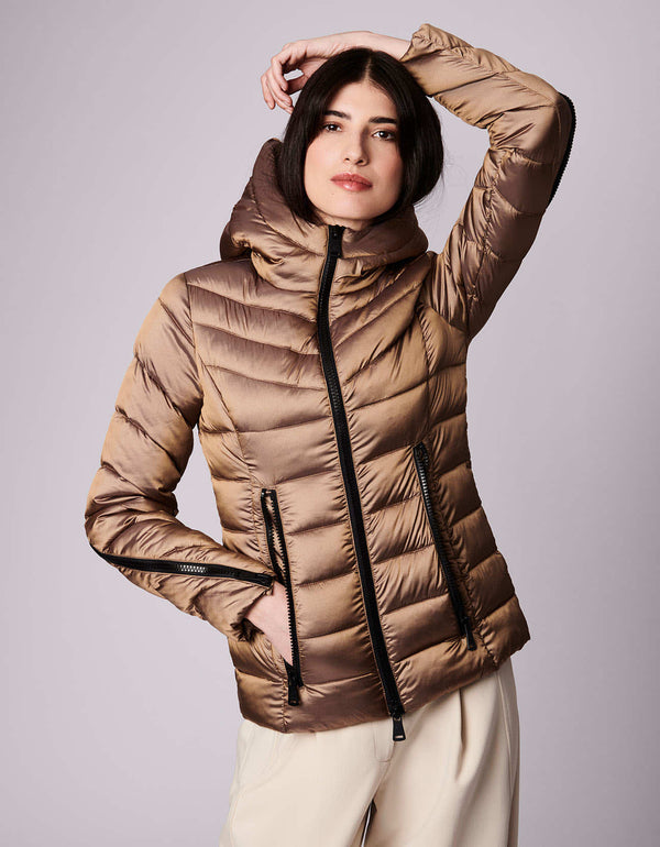 flattering sleek puffy outerwear with extended zippers on sleeves that you can customize to fit for ladies