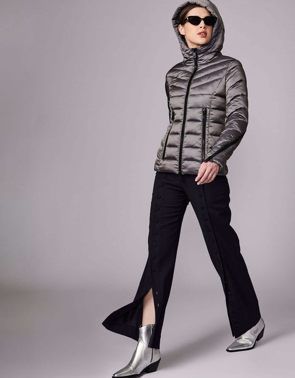 womens bernardo exclusive funnel quilted puffer jacket that is perfect over denim or skirt with silver boots