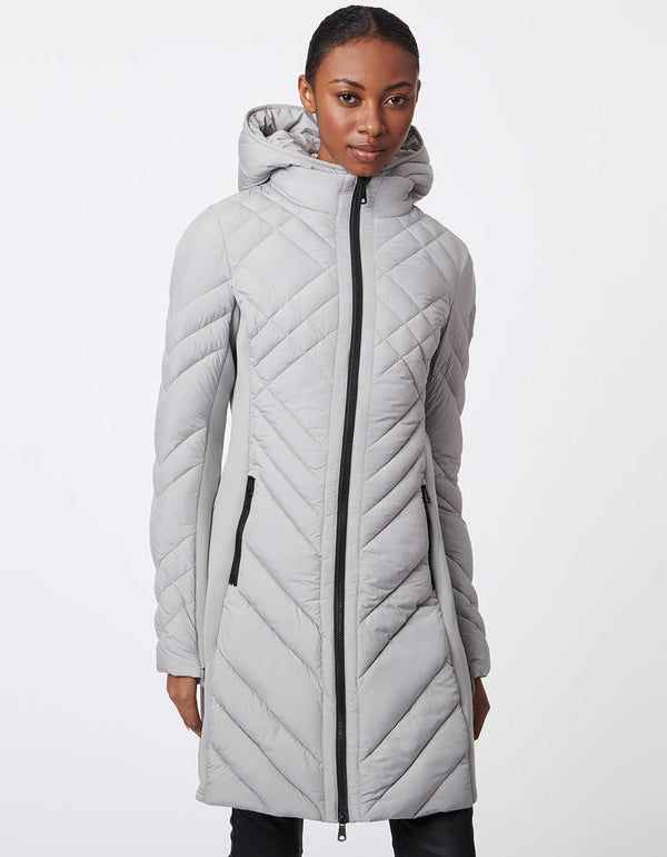 gray womens puffer walker with a mid length design removable hood and surprisingly light sustainable filler