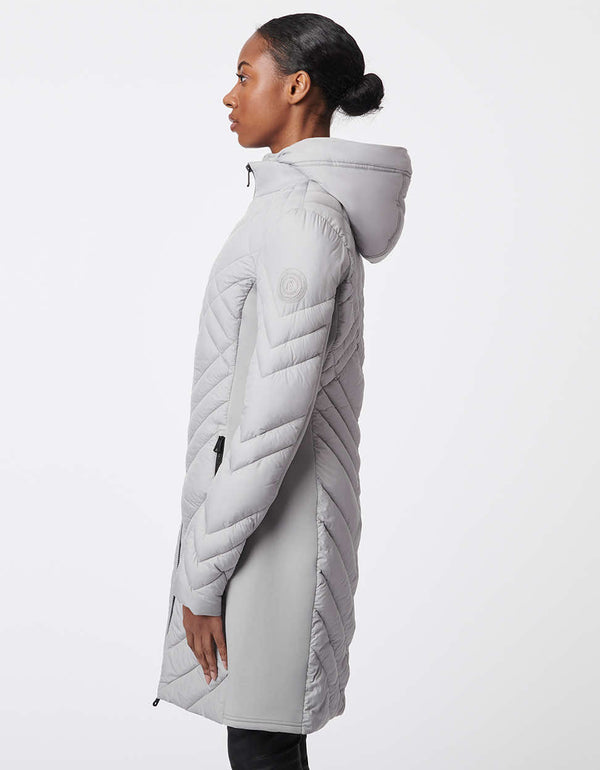 womens gray puffer walker offering extra coverage with a lightweight water resistant design and sustainable filler